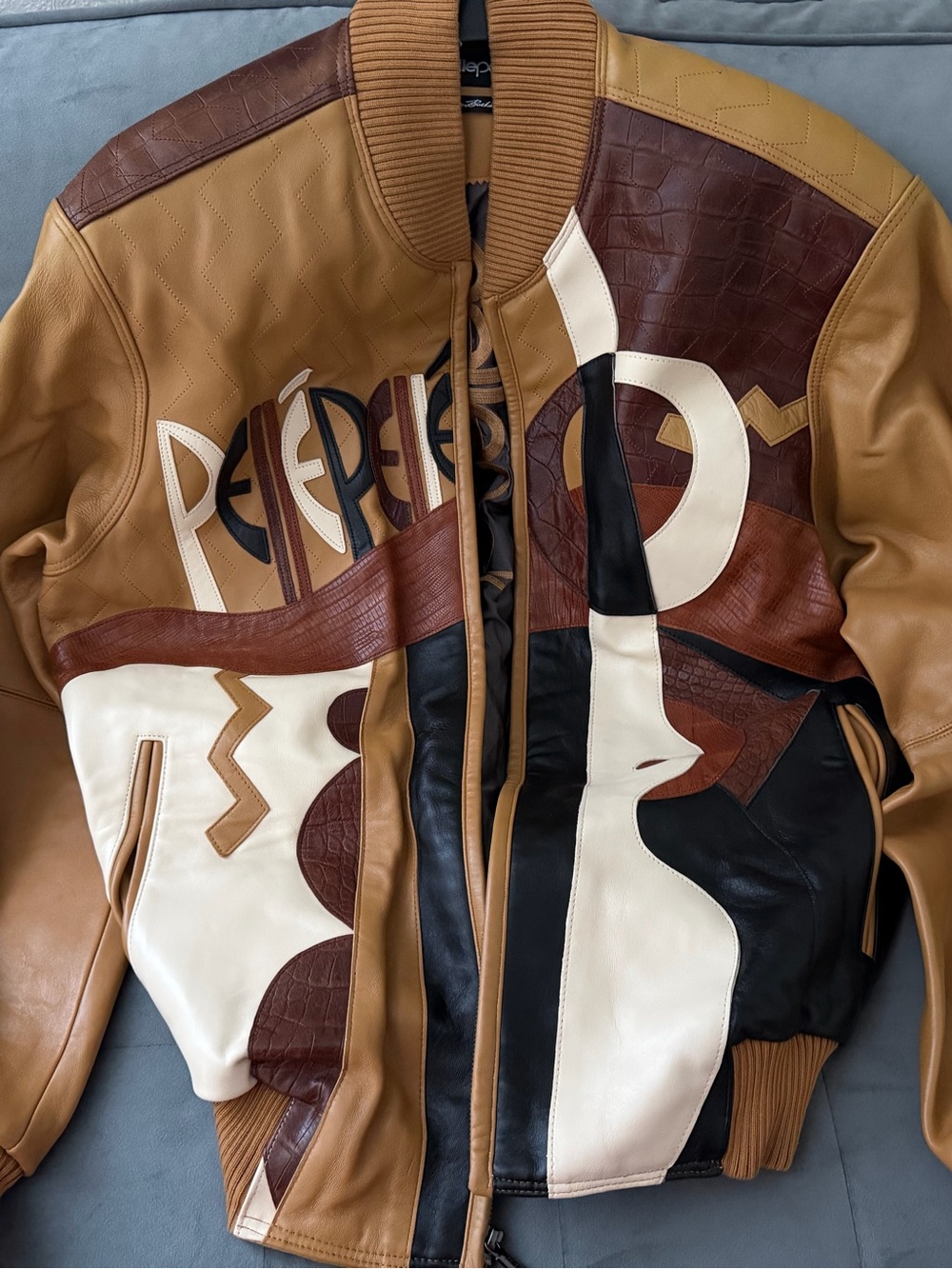 Pelle Pelle Multi-Panel Leather Bomber Jacket in Tan, Brown, Black, Cream